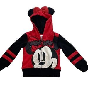Disney Girls Minnie Mouse Red/Black Fleece Zip Up Hoodie, Mouse Ears, 2T